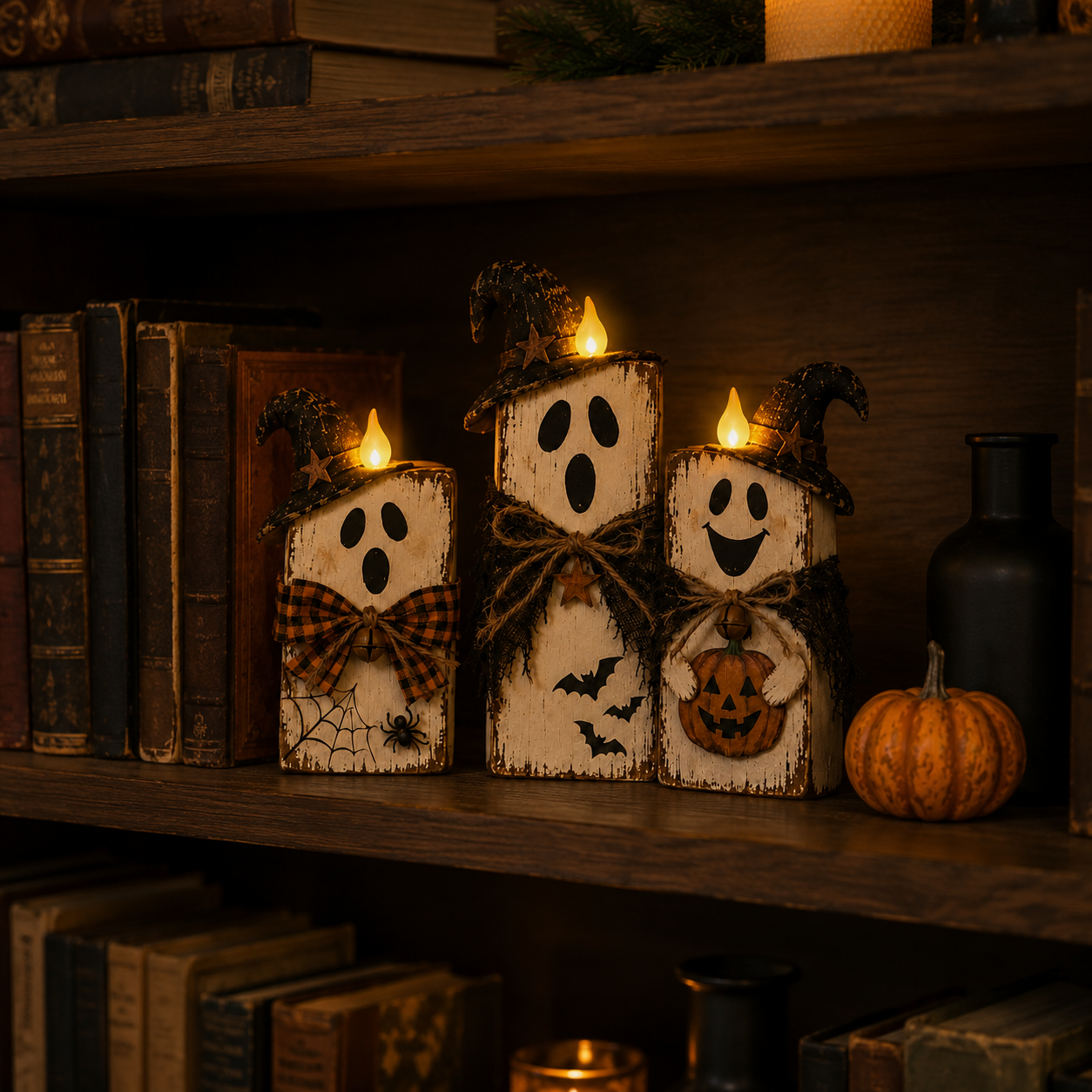 Lighted Vintage Wooden Ghost Decor Set of 3 with Remote Control