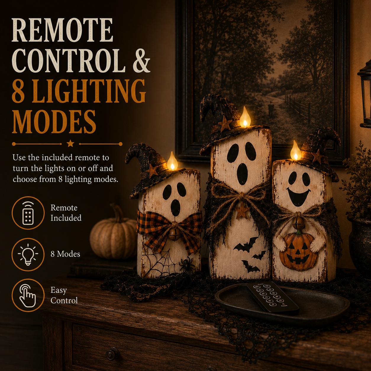 Lighted Vintage Wooden Ghost Decor Set of 3 with Remote Control