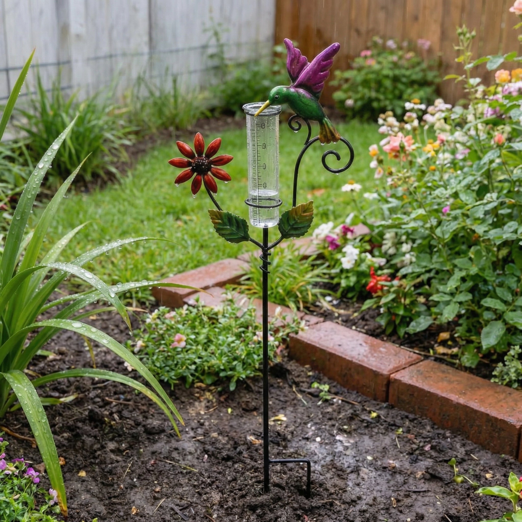 Hummingbird & Flower Garden Stake Rain Gauge